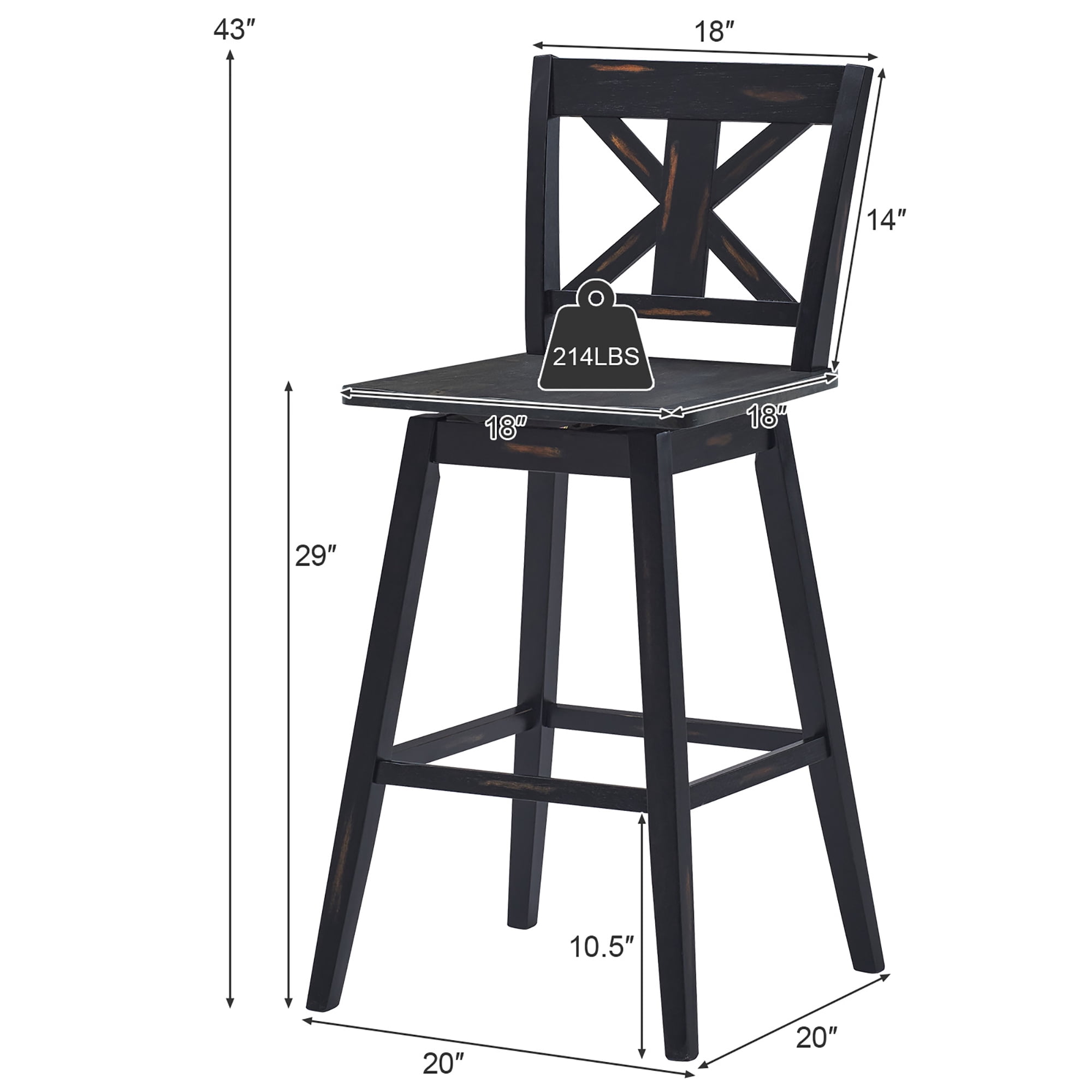 Costway Set of 2 Bar Stools Swivel Pub Height Chairs w/ Rubber Wood Legs Black
