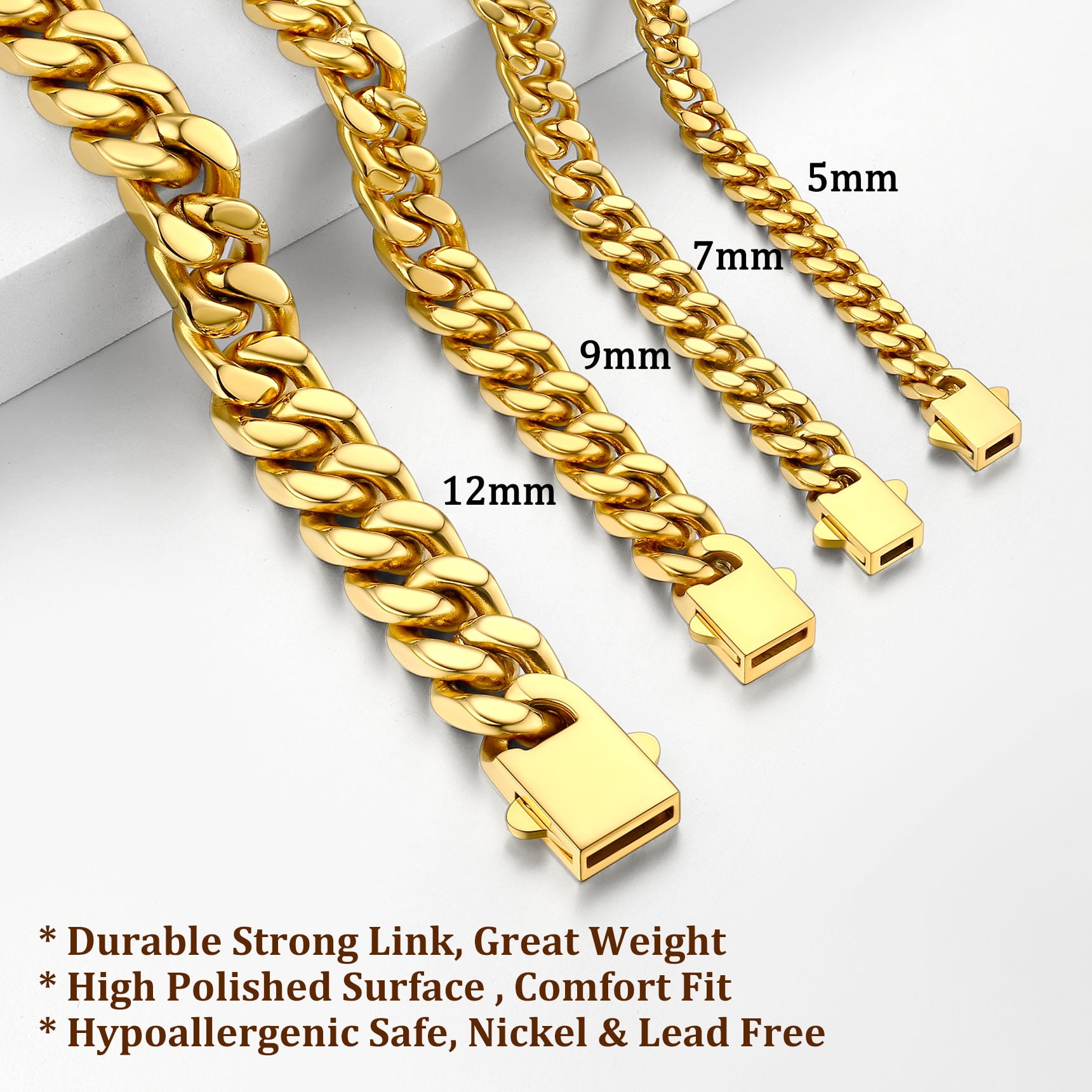 Jewlpire Diamond Cut Miami Mens Cuban Link Chain Necklace, Gold Chain |  Silver Chain for Men Boys Women, Hip-Hop & Cool Style, 316L Stainless