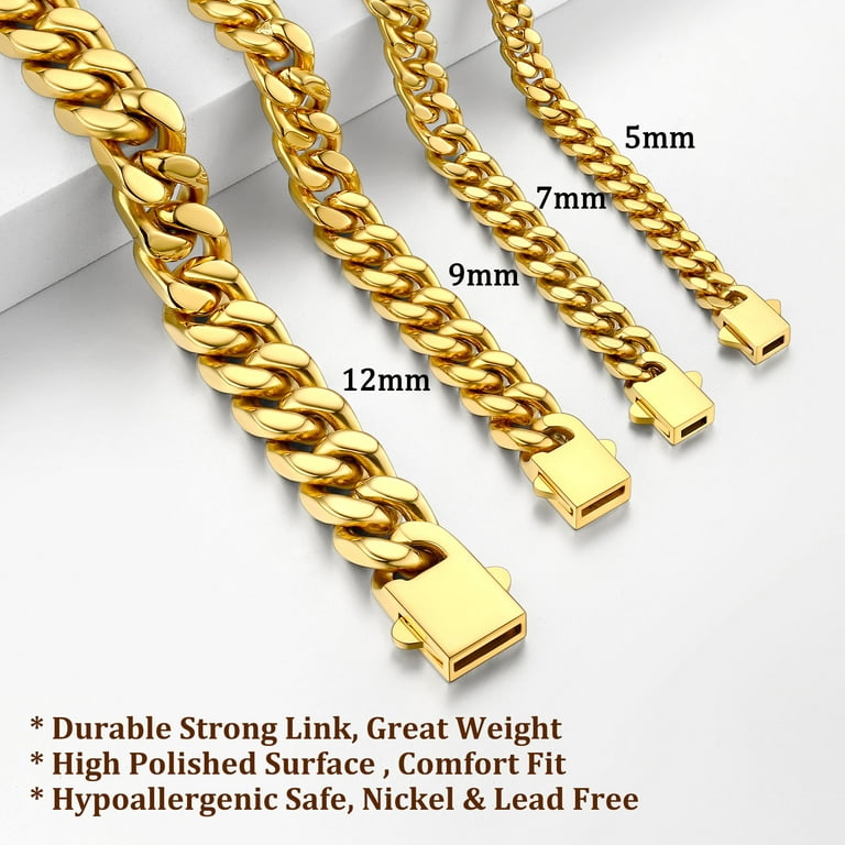 Width 3/5/7mm Stainless Steel Curb Cuban Link Chains Punk Gold