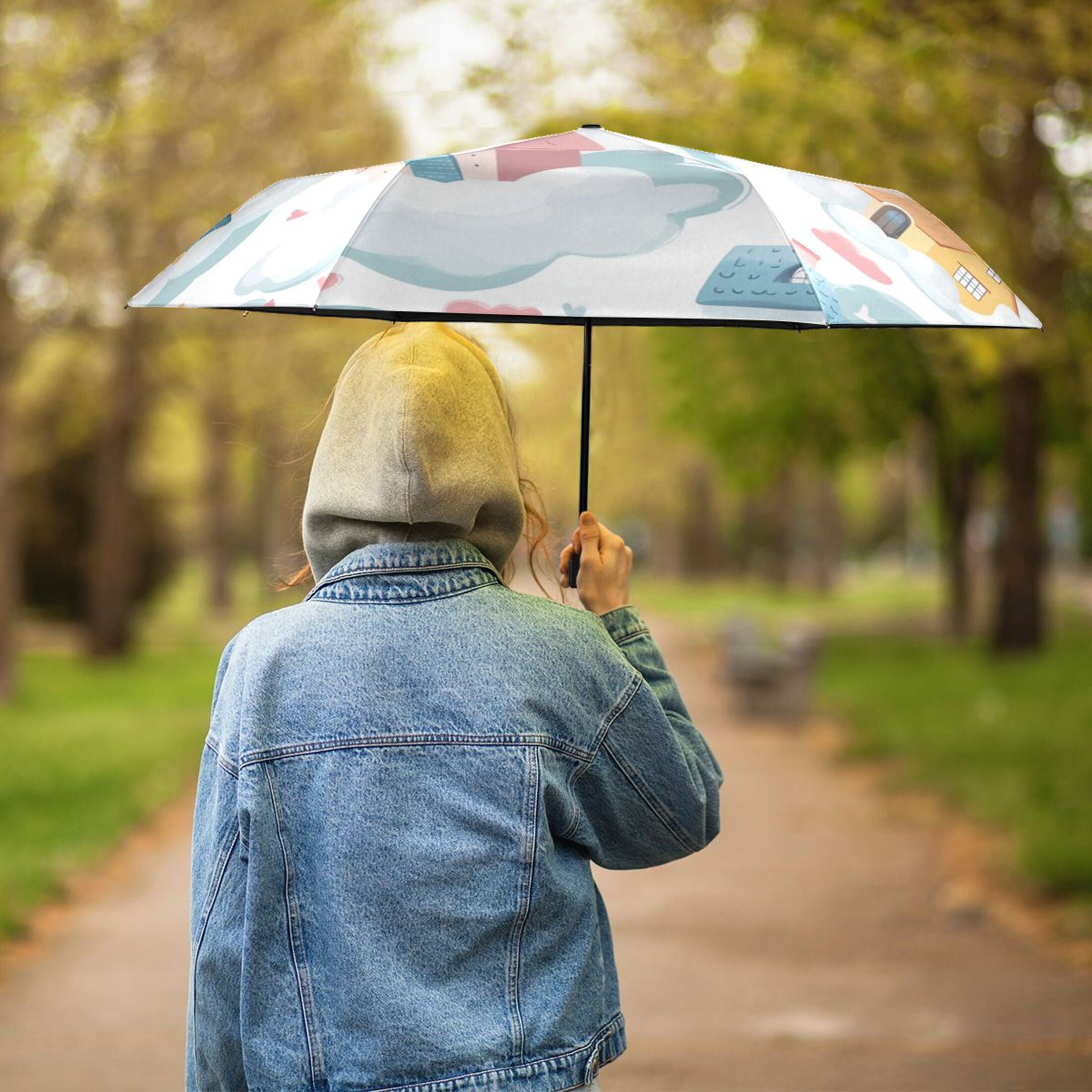 Cute Houses in The Clouds Hearts All Weather Umbrella Triple Folding Parasol 6 Ribs UV Protection Portable