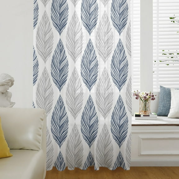 Navy Blue Grey Leaves Semi Sheer Curtains Drapes for Living Room, Bedroom, French Doors Window 45 Inches Long, Summer Tropical Plant Aesthetics Rod Pocket Chiffon Curtain Drapery Voile Drape Panel
