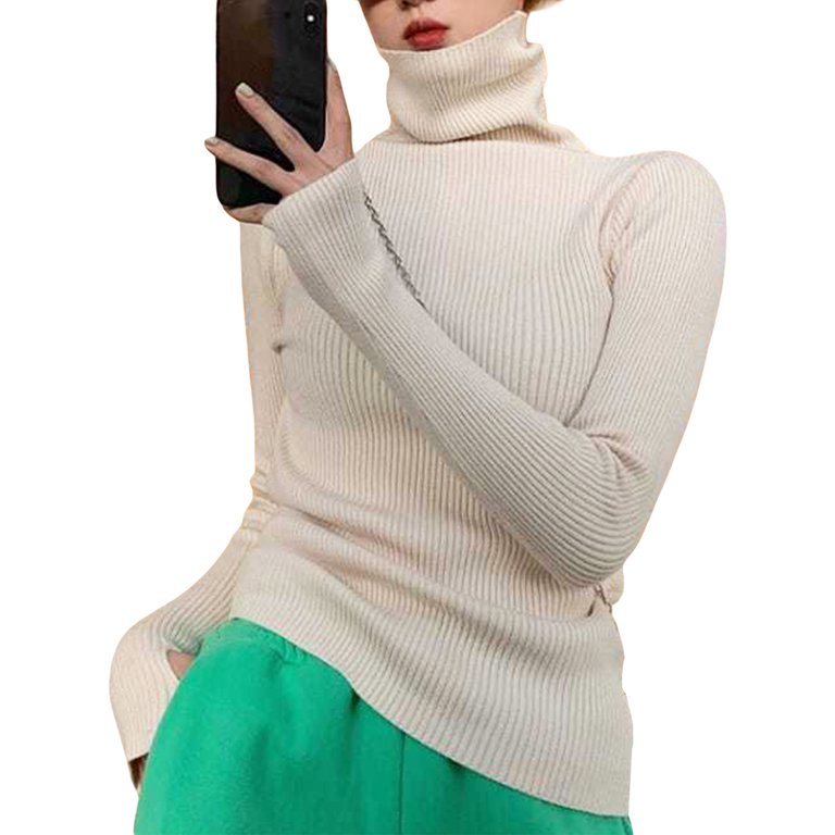 Women Turtleneck Ribbed Sweater Long Sleeve High Neck Knit