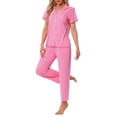 thumbnail image 2 of Conjunto de pijama para mujer INSPIRE CHIC, botón, suave, de manga corta, ropa de dormir, pantalones largos, conjunto de 2 piezas, L, rosa claro, 2 of 6