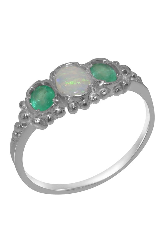 LBG British Made Real Solid 18k White Gold Natural Opal & Emerald Womens Anniversary Ring - 33 size options - Size 6.25