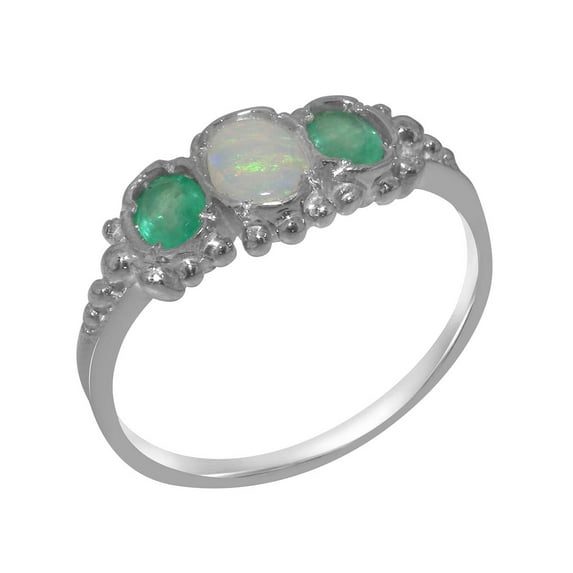 LBG British Made Solid 10k White Gold Natural Opal & Emerald Womens Anniversary Ring - 33 size options - Size 10.25