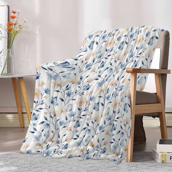 Fleece Blanket Country Flower Leaf Seamless Blankets, Soft Cozy Warm Flannel Throw Blanket, Blue Beige Floral Plant Blanket for Bed Couch Sofa,30x40In
