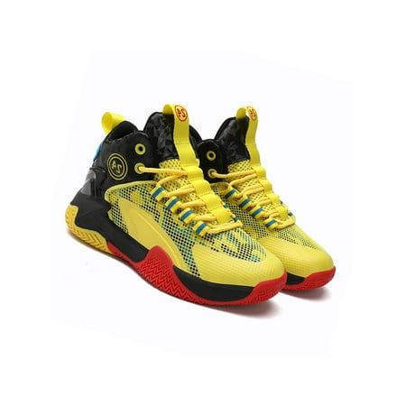 

SIMANLAN Boys Durable Lace-up Sneakers Outdoor Lightweight Round Toe Comfortable Athletics Shoes Black Yellow 6Y/6.5Y