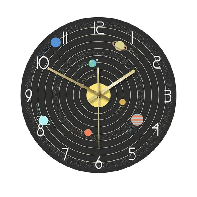Nine Planets Wall Clock 12" Silent Battery Powered Non Ticking Round Decorative