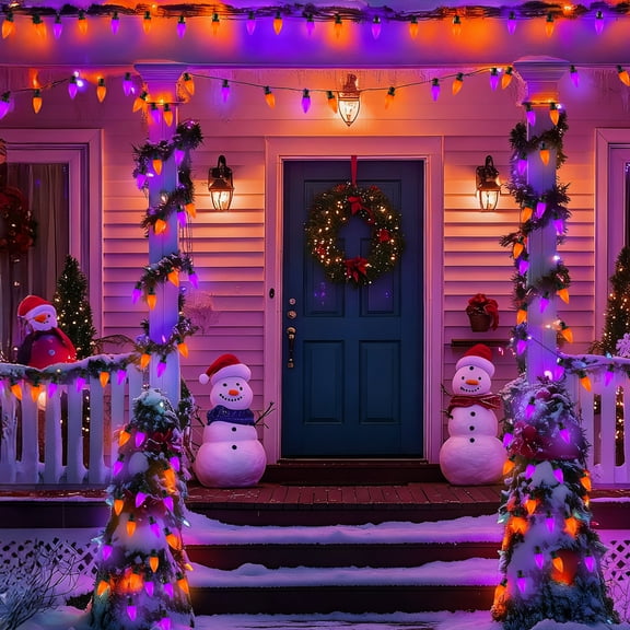 4 Pack, Plug In BIG Bulb Halloween House Lights,C7 Purple And Orange String Lights Outdoor With 50 LED,Old School Retro Christmas Lights,IP54 Waterproof,8 Modes,Colored Christmas Ligths