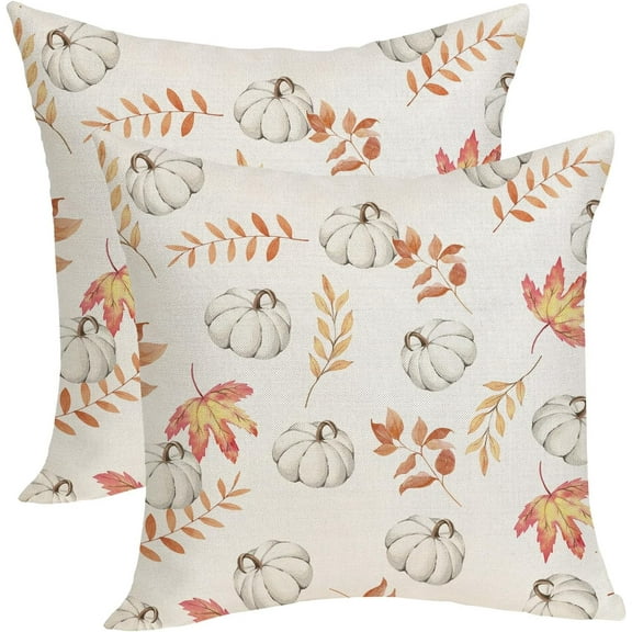 Fall Pillow Covers 18x18 Inches Pack of 2 White Pumpkin Maple Leaves Throw Pillow Covers Outdoor,Fall Thanksgiving Decoration Pillowcase Autumn Decor Farmhouse Cushion Case for Sofa Couch