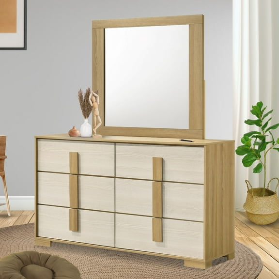 Kings Brand Furniture Boone Modern 6-Drawer Wooden Dresser and Mirror for Bedroom (Natural/White)