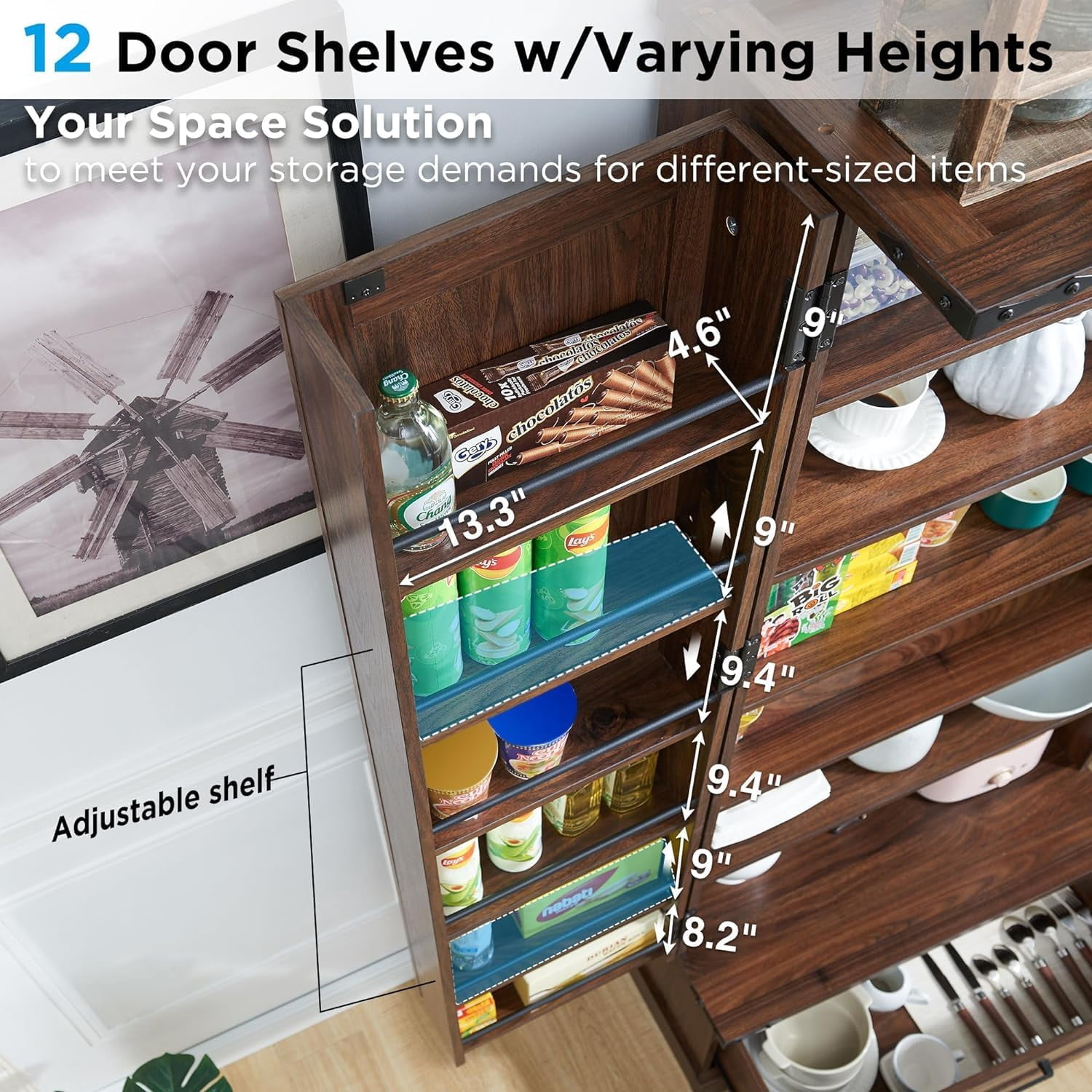 ACCOHOHO 72" Tall Kitchen Pantry Cabinet, Farmhouse Wood Storage Cabinet with Doors, Adjusting Shelves and Organizer, Cupboard for Kitchen, Dining Room, Bathroom, Brown