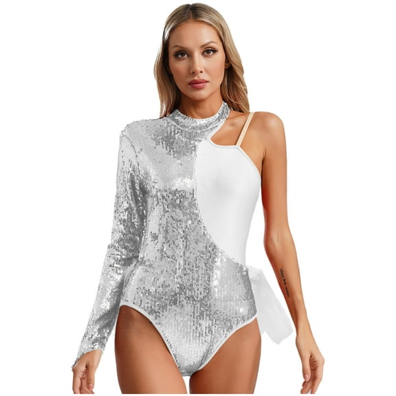 YUUMIN Women Asymmetrical Latin Dance Leotard Sequins Long Sleeve Gymnastics Bodysuit Unitard Jazz Dance Tops Silver S