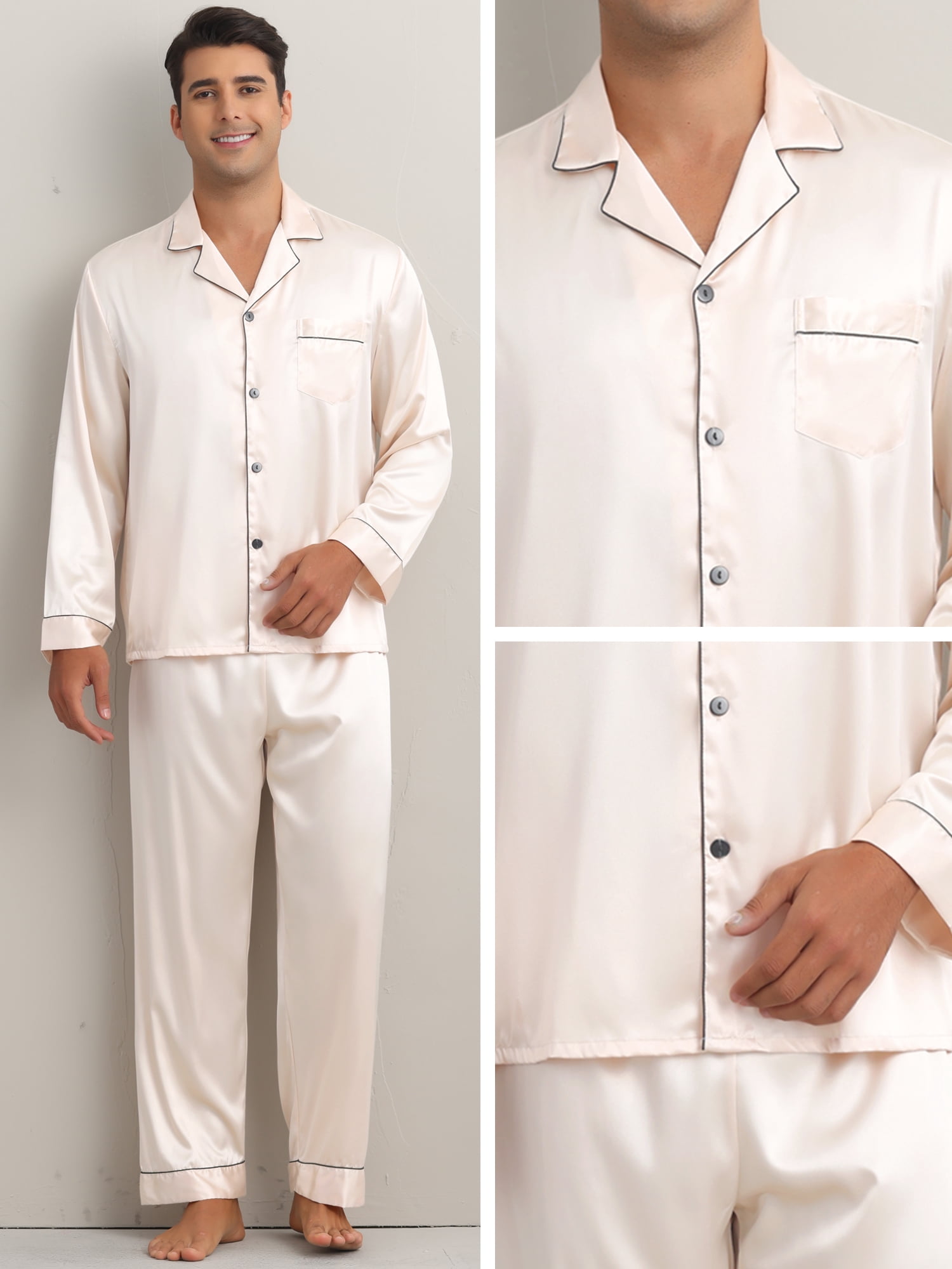 DARING DIVA Men's 2-Piece Homewear Button Down Long Sleeve Shirt M Champagne