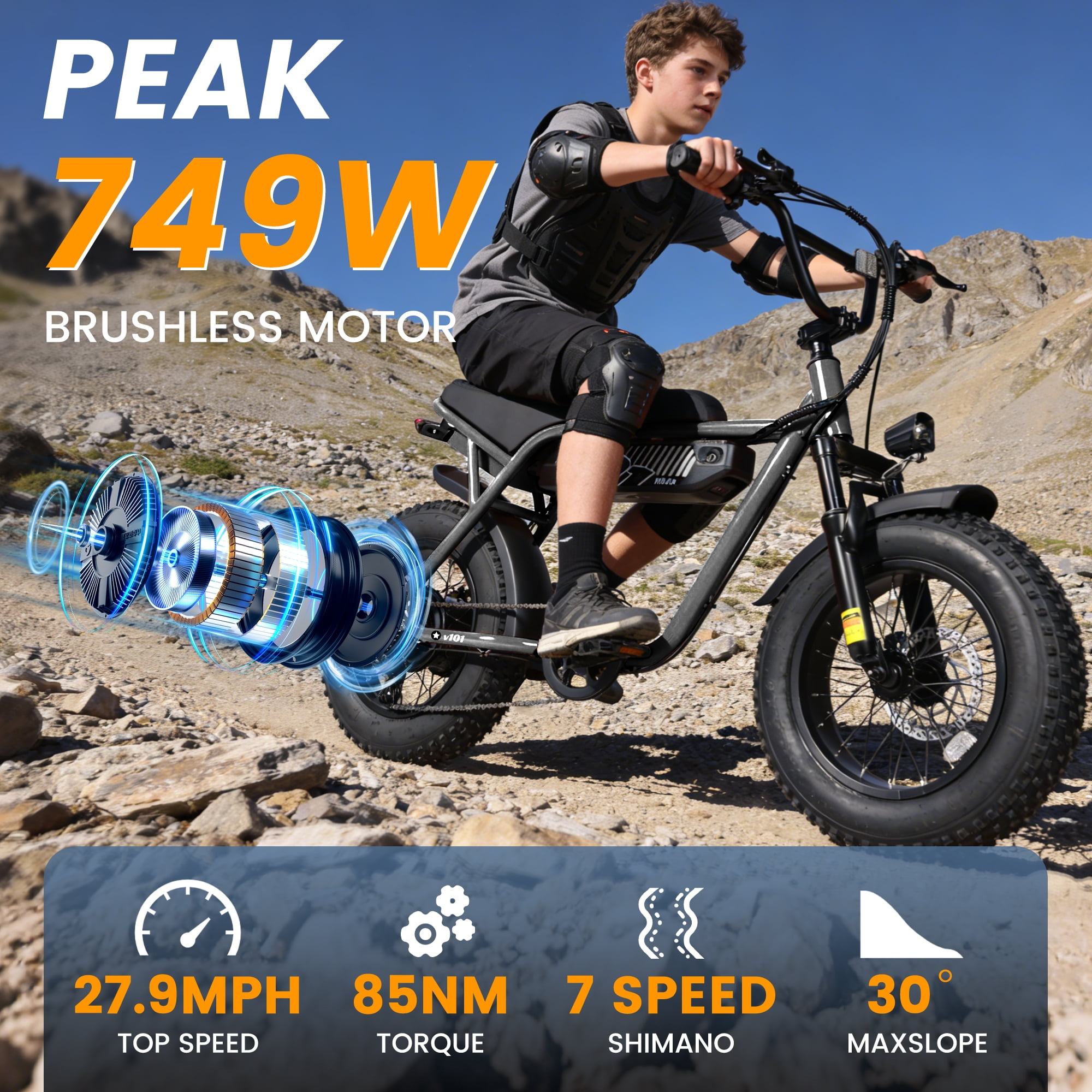 ESKUTE Electric Bike for Adults & Teens, 750W Motor (1500W Peak), 28MPH Speed, 48V 13Ah Battery, 16"x4.0" Fat Tires, 7-Speed, Front Suspension, All-Terrain EBike Gray