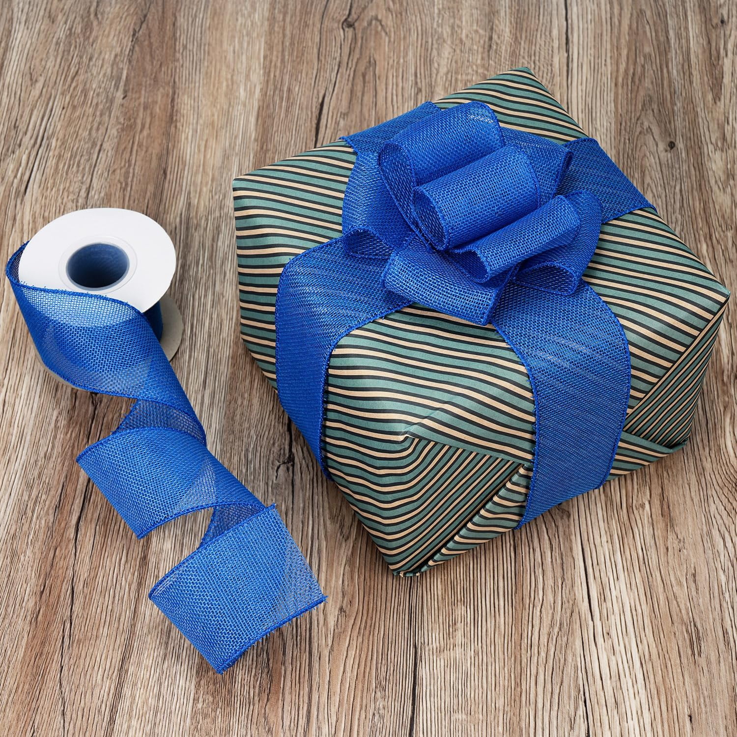 Royal Blue Burlap Wired Ribbon 2-1/2 Inch, Solid Ribbon with Wire Edge for Fourth of July Decoration, Big Bow, Outdoor Wreath, Gift Wrapping, 10 Yards/Roll.