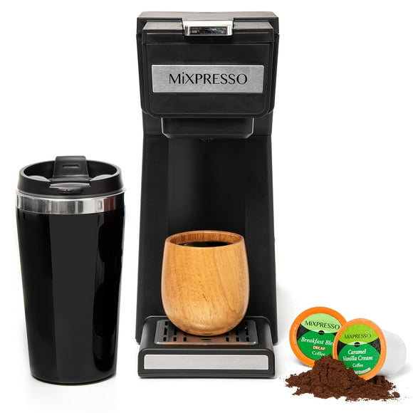 Cafetera Mixpresso de una sola porción con taza de viaje de 414 ml
