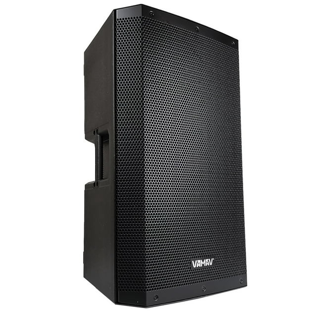bafle amplificado 15 usb, sd, bluetooth avz-02 avz-02 avz-02 Bafle Avz-02 de 15 pulgadas en negro, vista 3/4 vertical con parrilla metálica hexagonal y asa lateral integrada; especificaciones del título: woofer 15 pulgadas, tweeter 1.74 pulgadas y potencia 150 W; fondo blanco minimalista. Ideal para refuerzo de sonido en eventos y suele usarse también como monitor portátil.