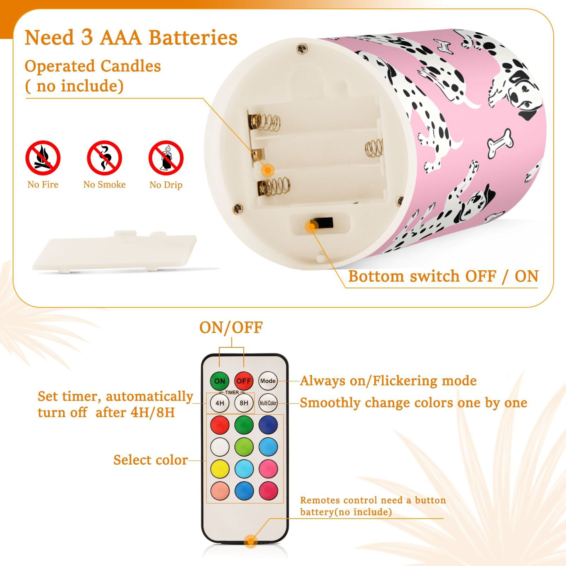 Dalmatian Dog Bone Pattern Flameless LED Candle Set with Remote, Battery Operated Color Changing Pillar Candles, Set of 2