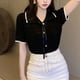 thumbnail image 1 of Blusa de punto con cuello vuelto para mujer, blusa de manga corta con un solo pecho y lazo a cuadros en la parte delantera, Top elegante negro, talla libre 77,2? 132,3 lb, 1 of 8
