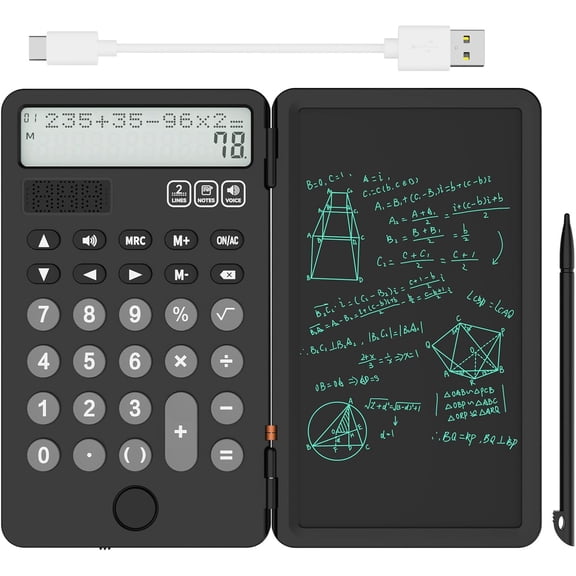 NEWYES Portable Basic Calculator with Notepad Writing Tablet,2 Line Display 12 Digits Large Display Rechargeable Solar Power for Primary and Middle School Students, Office (Black)