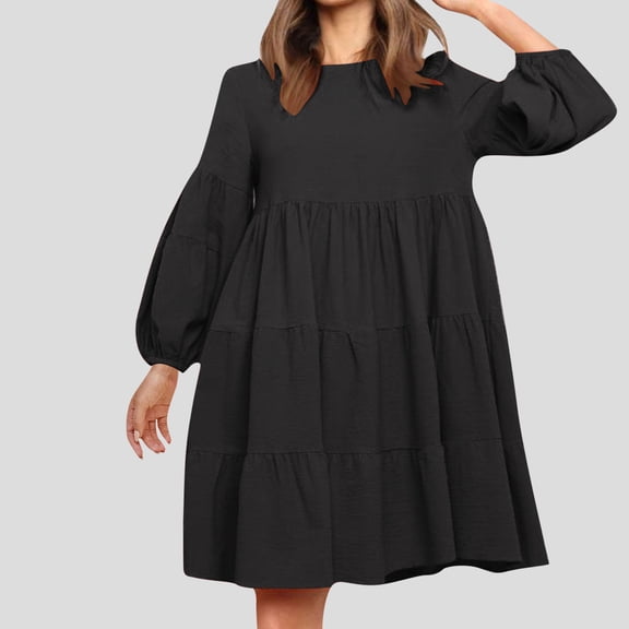 Zedker Dresses for Women Oversized Crew Neck Dress Lantern Long Sleeve Solid Dresses 2025 Oversized Trendy Patchwork Casual A-Line Mini Dress Plus Size Black L