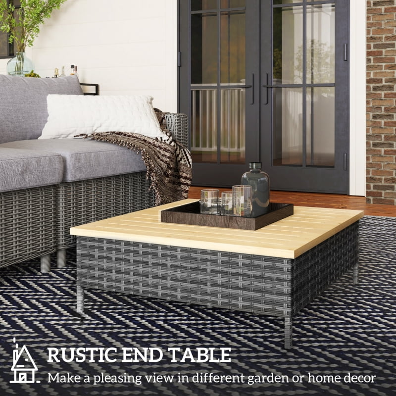 HOQBN Outdoor Side Table with PE Rattan, Patio End Table with Natural Fir Wood Top, Weather-Resistant Accent Table for Patio, Pool, Porch, Gray