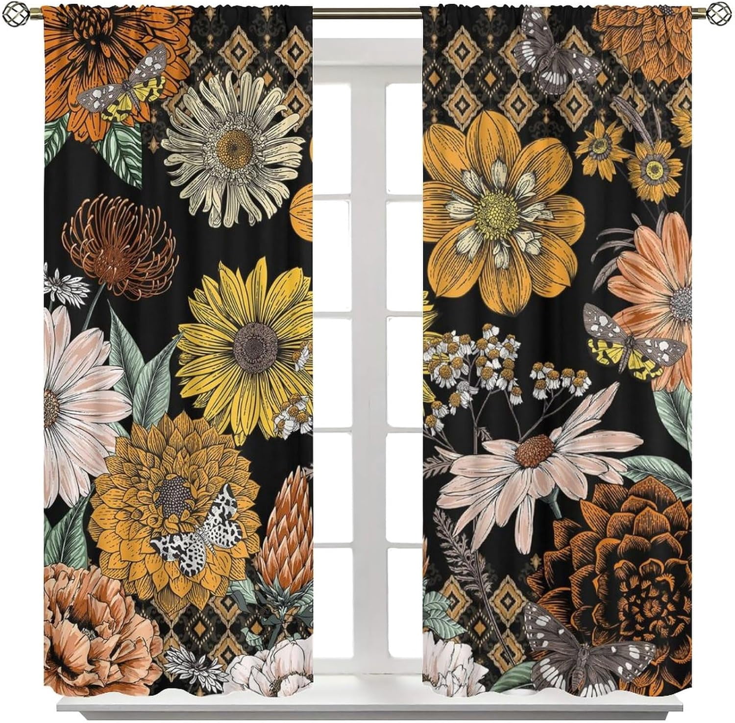 Boho Flower Curtains for Living Room, Vintage Paisley Floral Window Treament for Bedroom, Retro Bohemian Floral Print Blackout Drapes 2 Panel Sets,55x63 Inch