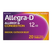 Allegra D 12-Hour Allergy and Congestion Relief Tablets, Non-Drowsy Indoor and Outdoor Allergy Medicine, 60 mg Fexofenadine HCI and 120 mg Pseudoephedrine Antihistamine Pill, 20-Count