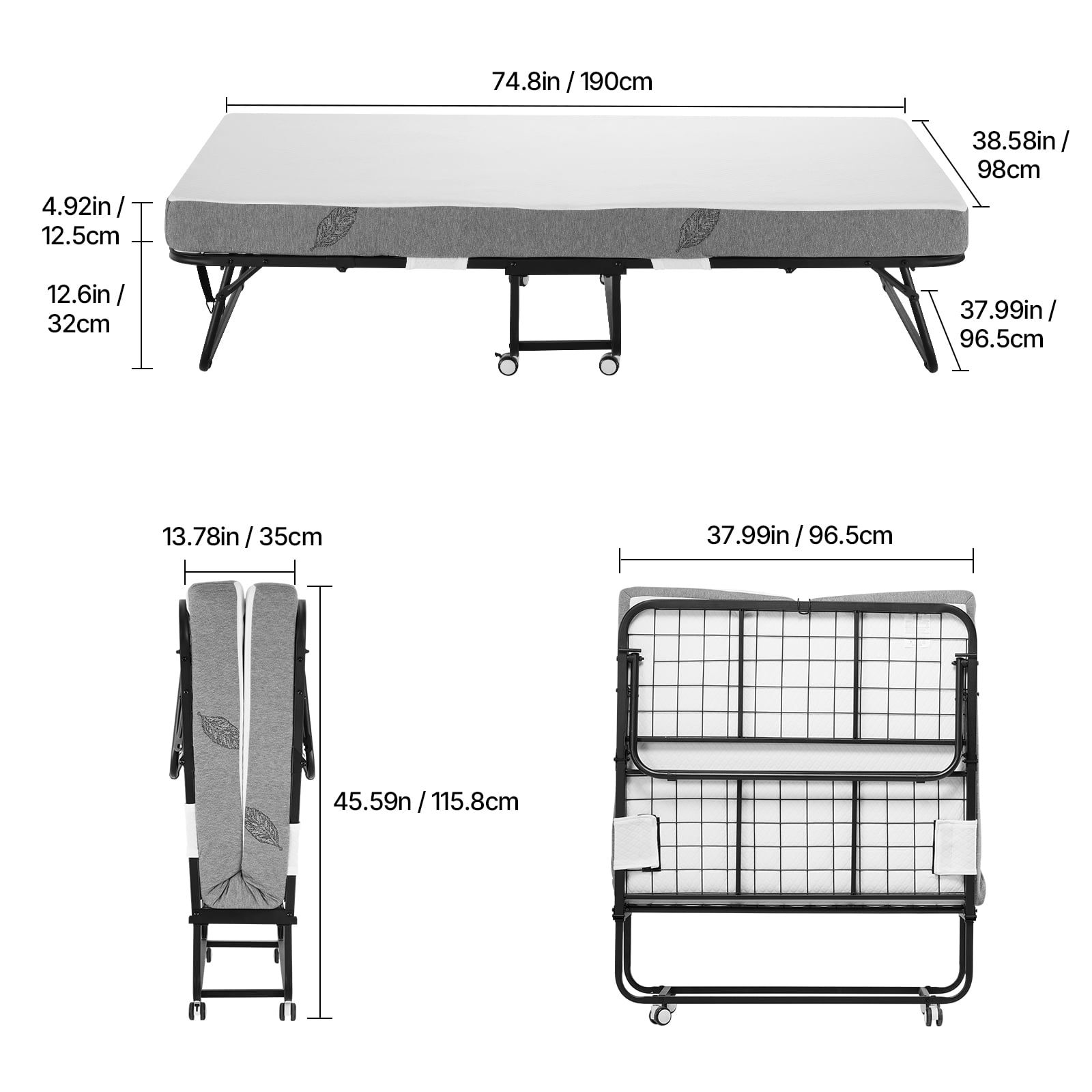 KFFKFF Rollaway Bed, 38 in x 75 in Folding Bed with 5 in Mattress, Twin Size Foldable Bed with Durable Metal Frame & Memory Foam Mattress, Portable Twin Roll Away Bed with Mattress, for Adults, Guest