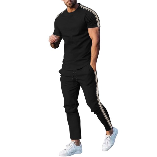 Bocqde Ensemble de Sport pour Hommes 2 Pcs Tenues d'Été Mode Décontractée Col Rond Tee Tops avec Cordon de Serrage Taille Élastique Pantalons Athlétiques