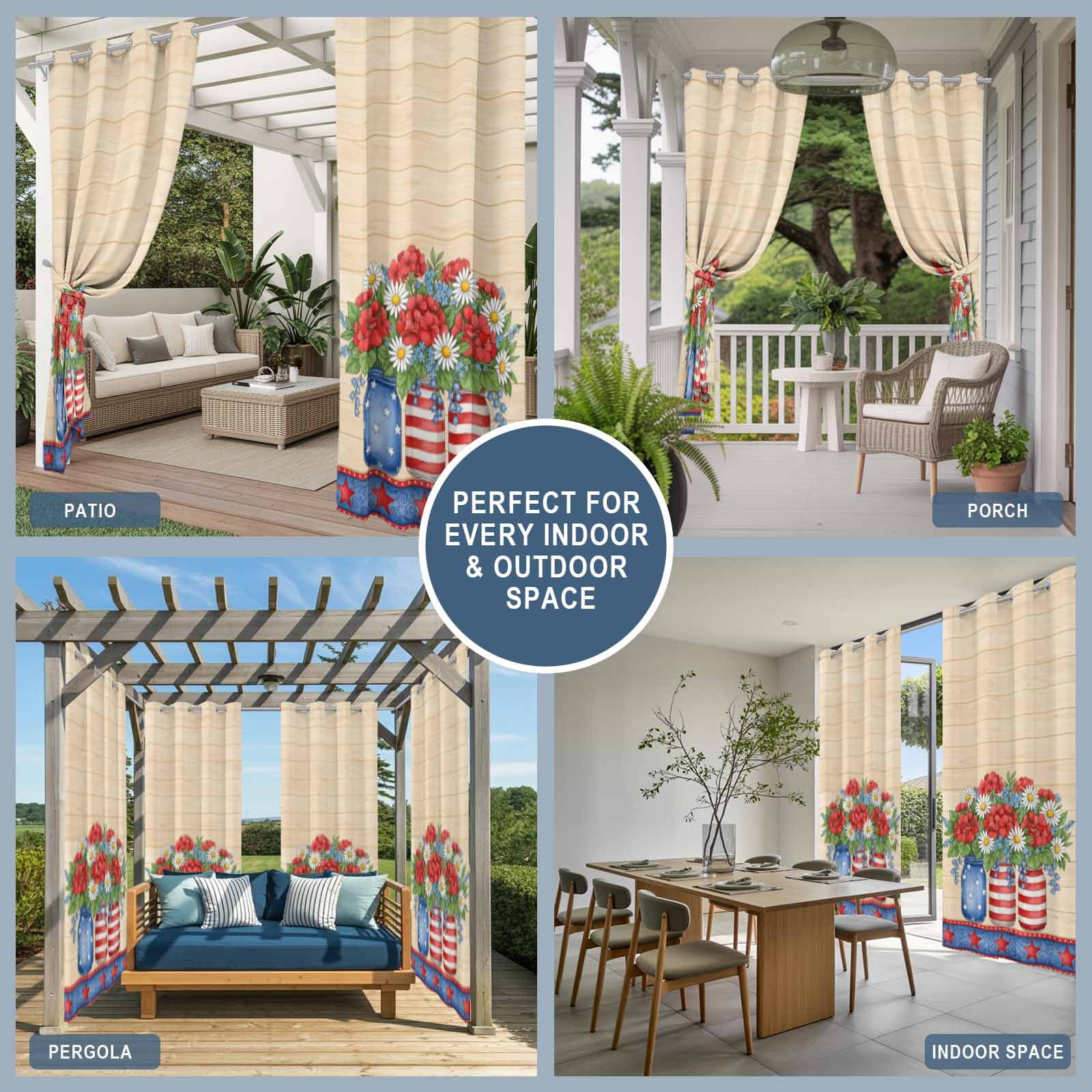 Independence Day Outdoor Curtains for Patio, Red Blue Floral Vase Star Heart Wood Grain Sunshade Privacy Drapes Grommet Waterproof Outside Curtains for Porch/Cabana/Balcony 54"x 108", 1 Panel