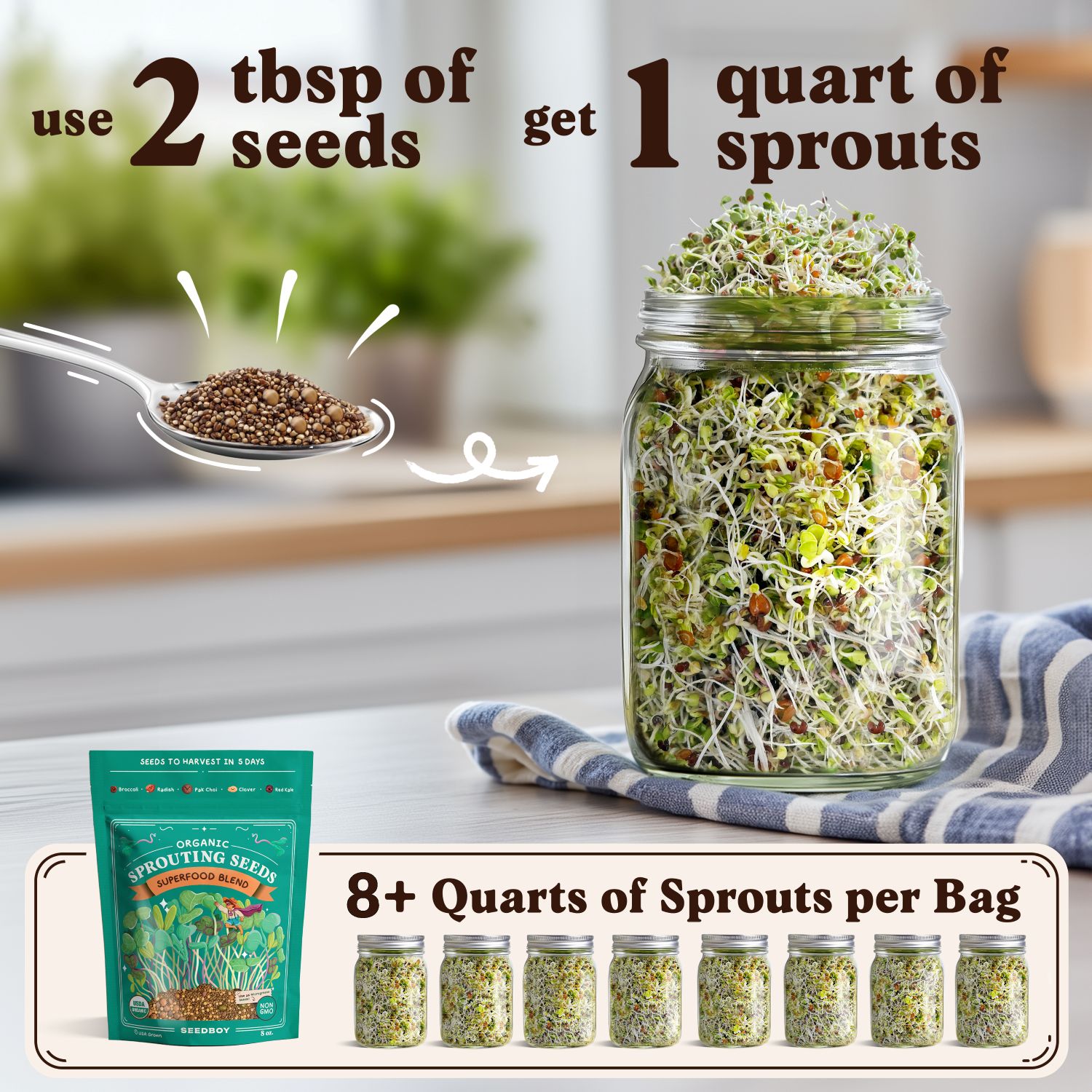 Seedboy Organic Non-GMO Sprouting Seeds Variety Pack, Superfood & Protein Blends - USA Grown - 8 oz Bags