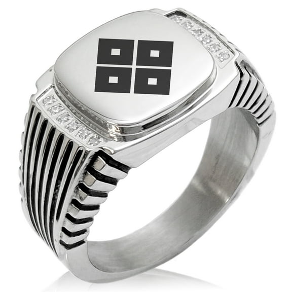 Stainless Steel Kamei Samurai Crest CZ Ribbed Needle Stripe Pattern Biker Style Polished Ring