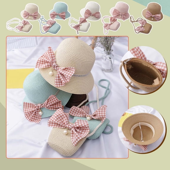 LOVZFMLL Toddler Girls Straw Bucket Hat with Bowknot Wide Brim Sun Protection Sun Hat and Bag Set for Little Kids Summer Outdoor Beach Play Age 2-8 Years