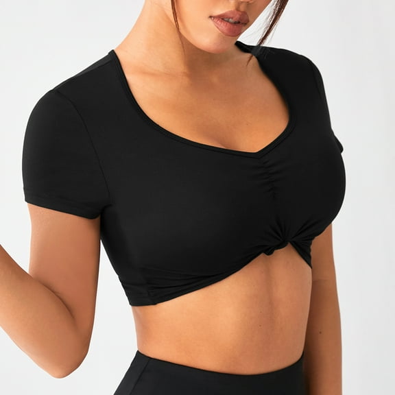 Summer Women U Neck Rached Beauty Back Compression Yoga T-shirt Tops Ladies Scrunched Short Sleeve Shirts Built With Pads