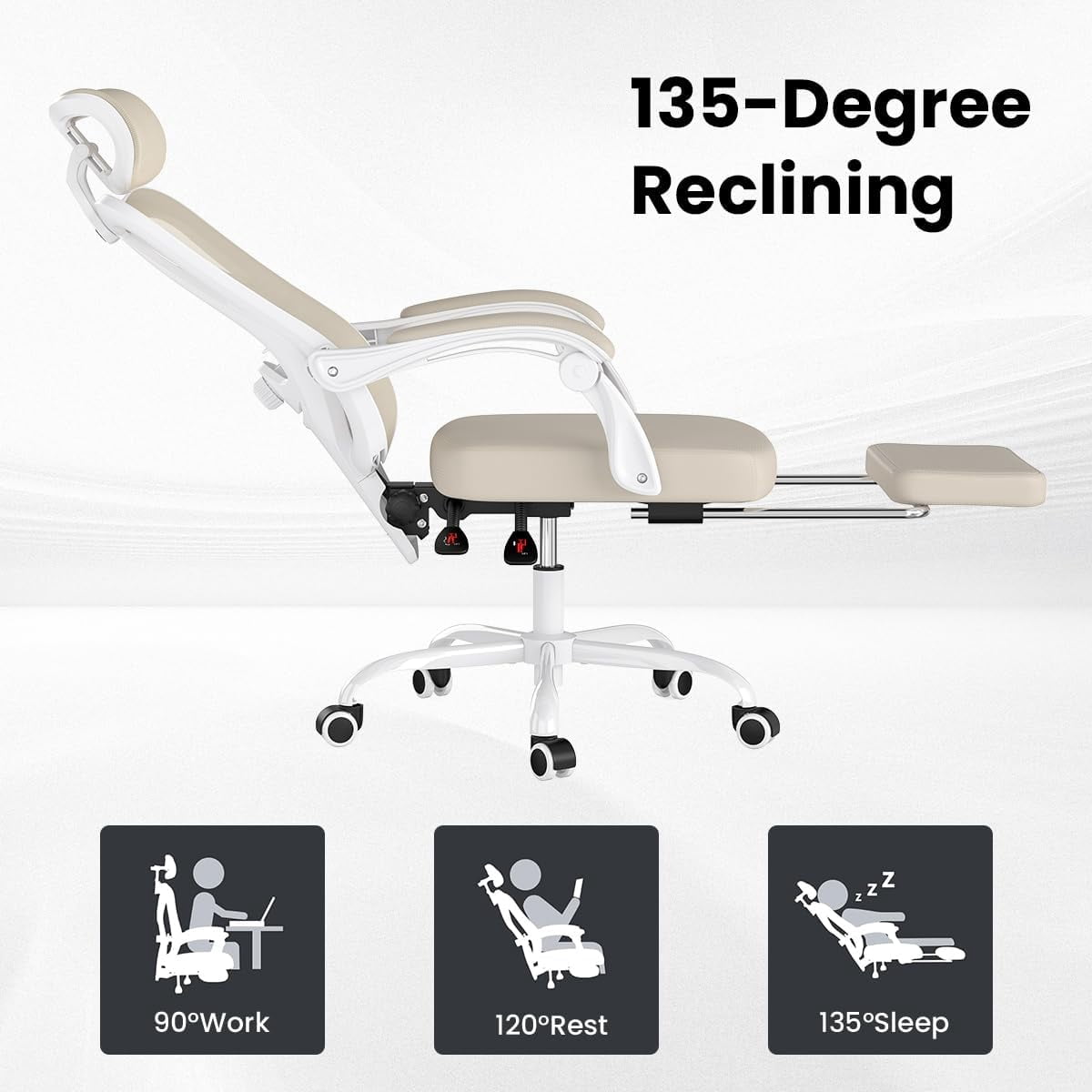 Farini Ergonomic Office Chair with Footrest, Mesh Office Desk Chair with Headrest, High Back Computer Chair with Adjustable Lumbar Support for Home Office Study Room Bedroom, White & Khaki