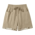thumbnail image 4 of Mifsaly Womens Summer Shorts Eyelet Lace Trim Hem Elastic Waist Drawstring Cotton Linen Shorts with Pockets Lightweight Breathable Beach Holiday Clothes Beige,S, 4 of 8