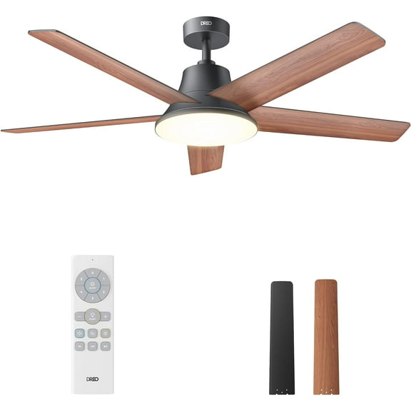Dreo Ceiling Fans with Lights, 52 Inch, 6 Speeds, 5 Color Tones Dimmable LED, Quiet Reversible DC Motor, Remote, 8H Timer, Black Ceiling Fan for Bedroom, Living Room, Easy to Install