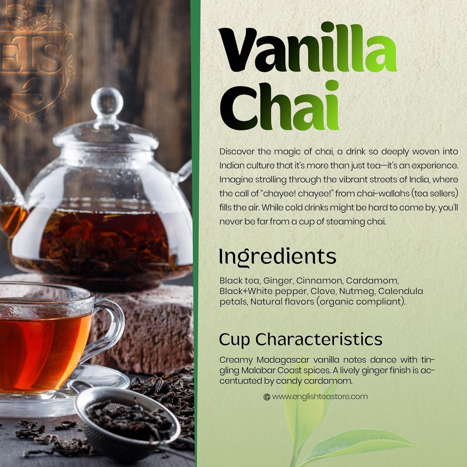 English Tea Store Vanilla Chai Tea - 16oz | Loose Leaf Black Tea with Cardamom Cinnamon, Ginger Cloves and Pepper | Rich Spiced Indian Chai with Sweet Vanilla | Brew Hot or Iced