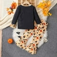 thumbnail image 5 of FYDUU Little Girls Outfits 2 Piece Set Long Sleeve Striped Pumpkin Print Sweater Flare Pants Toddler Kids Casual Fall Winter Clothes Vintage Halloween 5-6 Years, 5 of 8
