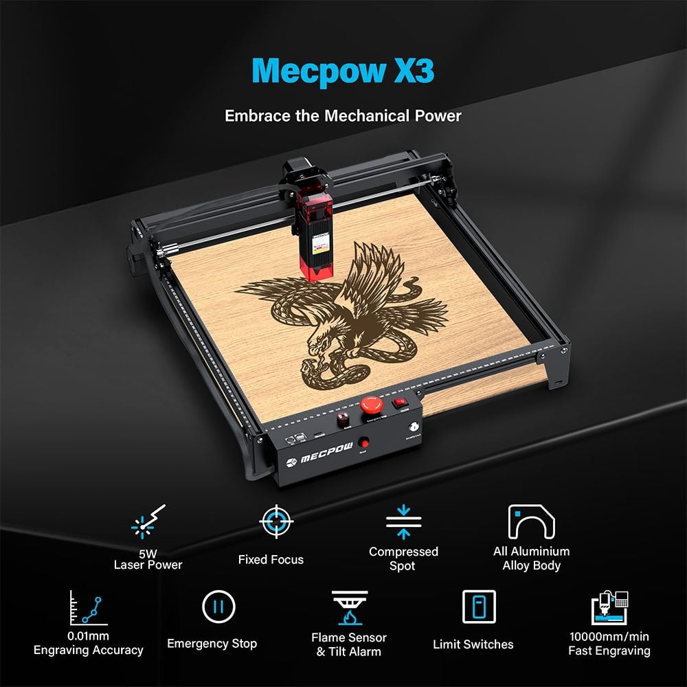 5W Laser Engraving Machine with Safety Lock, Emergency Stop, Flame Detection, Gyroscope Sensor, US Plug - High-Precision Engraving-Mecpow X3