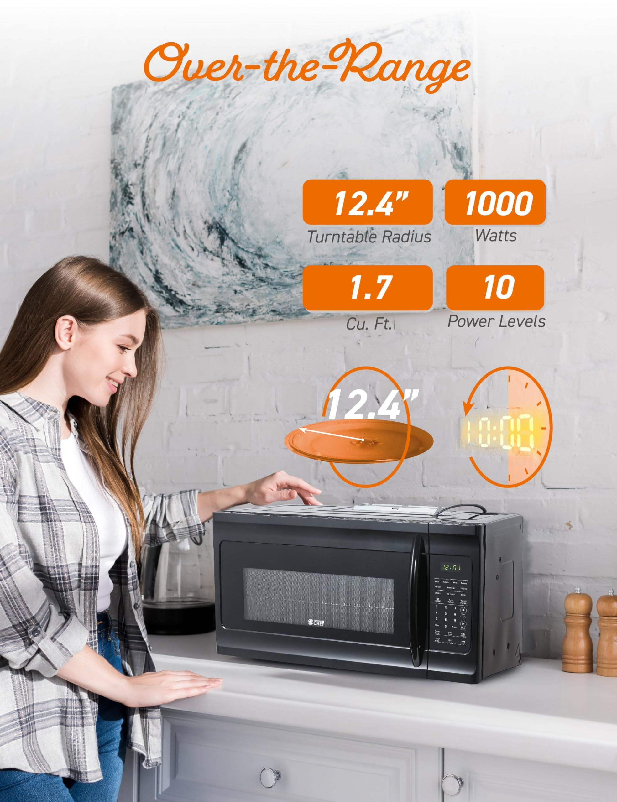 Commercial Chef 1.7 Cu. Ft. Over-The-Range Microwave Oven, 1000 Watt Microwave with 10 Power Levels, 300 CFM Hidden Vent Hood Fan, Touch Controls, LED Display, 10 Preset Options, CHMR17GB, Black