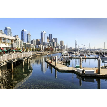 Seattle Skyline and restaurants on sunny day in Bell Harbor Marina, Seattle, Washington State, Unit Print Wall Art By Frank