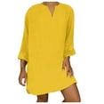 thumbnail image 2 of Jinhomg Cotton Linen Dress for Women Plus Size Comfy Long Sleeve V-Neck Midi Dresses Basic Solid Casual T Shirt Dress Vacation Beach Dress Todays Yellow XXXL, 2 of 5