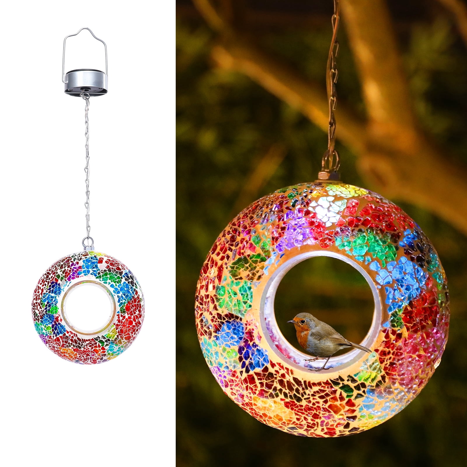 Solar Mosaic Fly Through Bird Feeder Outdoor Garden Light LED Patio Round Glass with Mosaic Design Hanging Fly-Through Bird Feeder - 9" - Red