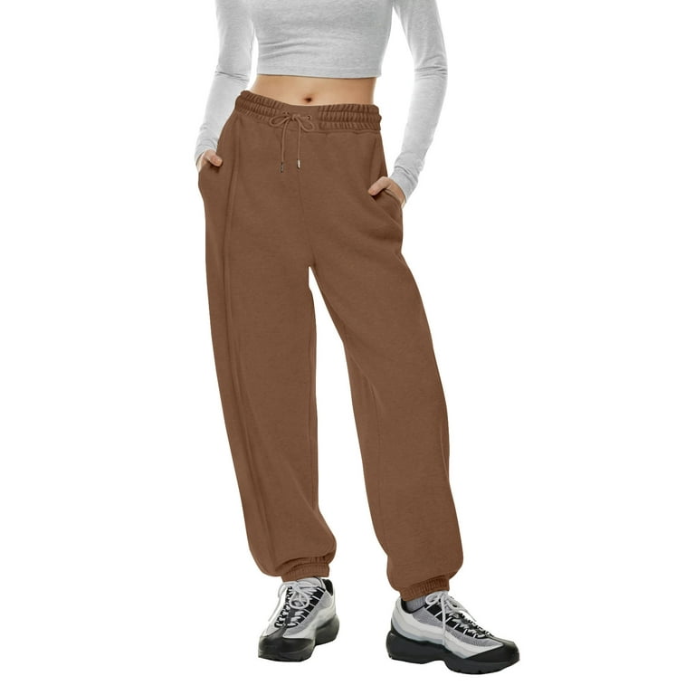 Biziza Brown Sweatpants for Women Solid Color Elastic Waist Cinch Bottom  Fleece Drawstring Yoga Pants Women with Pockets