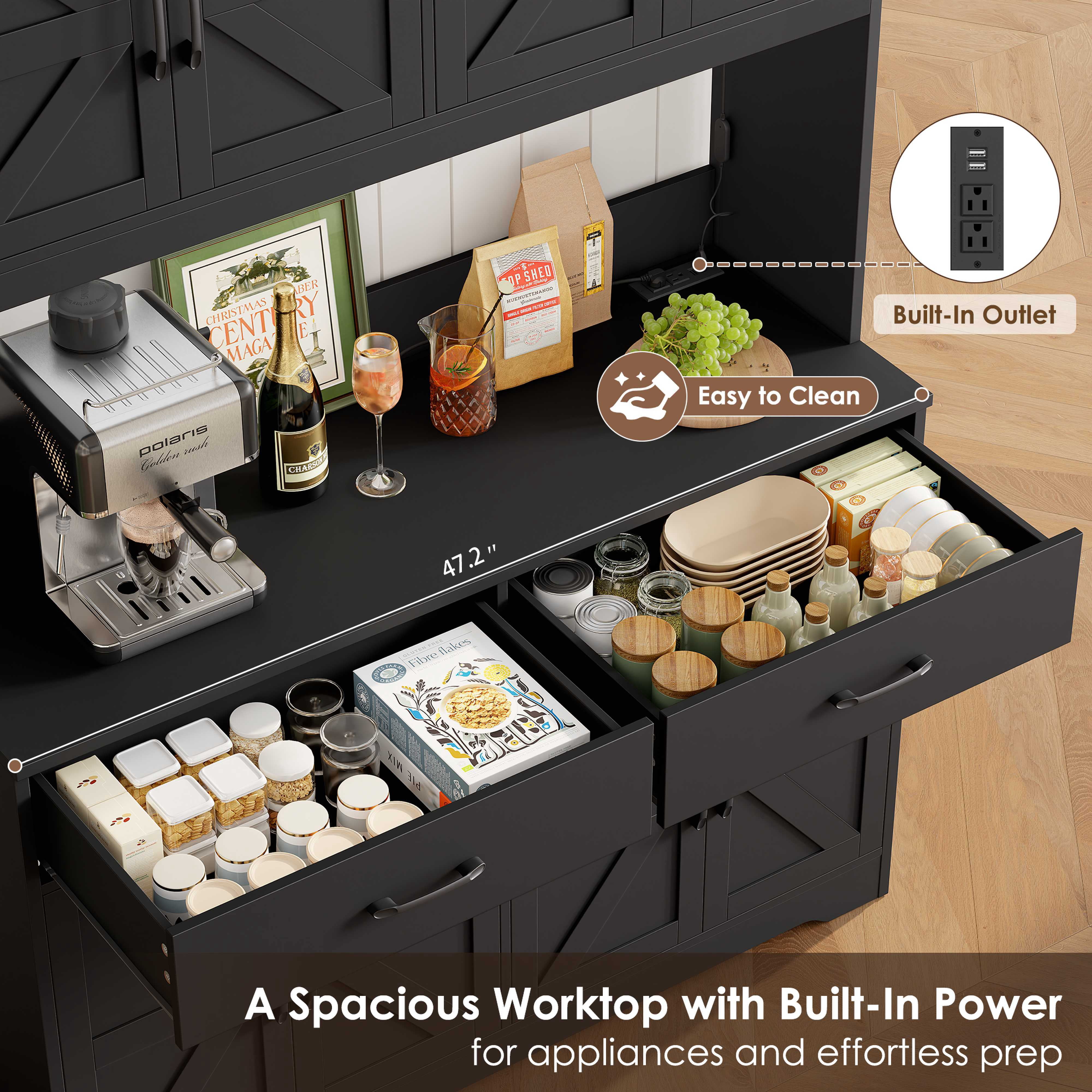 Hiphuta 71" Tall Kitchen Pantry Storage Cabinet with RGB LED and 6 Metal Hooks, Farmhouse Coffee Bar Cabinet with Charging Station, Buffet with Hutch and Microwave Stand, Black