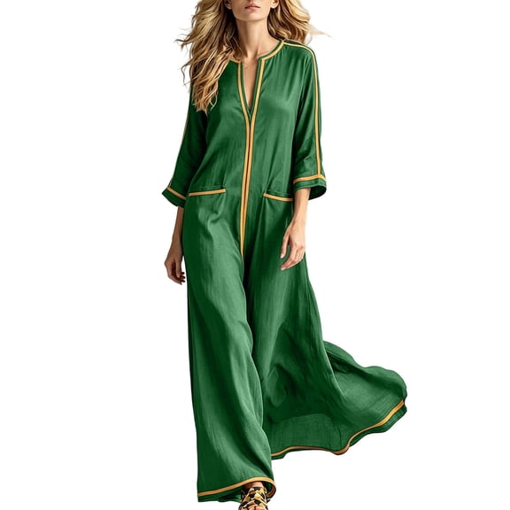 Lnmiateer Women V-Neck Style Maxi Dress Three Quarter Sleeve Loose Boho Silhouette for Beach Casual Vacation Occasions