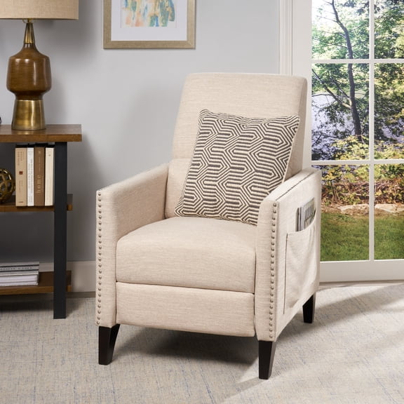 Oufan Push Back Recliner, Fabric Armchair with Hight Back, Rivet Decoration & Side Pocket, Mid Century Modern Comfy Recliner Chair for Living Room